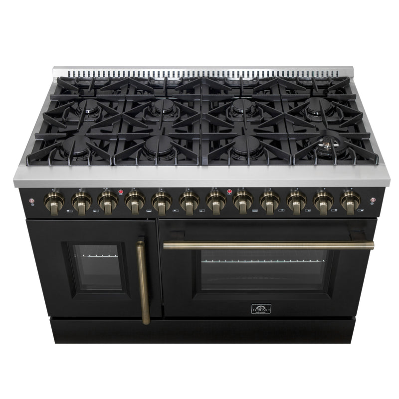 Load image into Gallery viewer, Forno Galiano 48-inch French Door Dual Fuel Range, Black &amp; Antique Brass Design, 8 Sealed Burners - 107,000 BTU, Griddle, 6.58 cu.ft. Double Ovens
