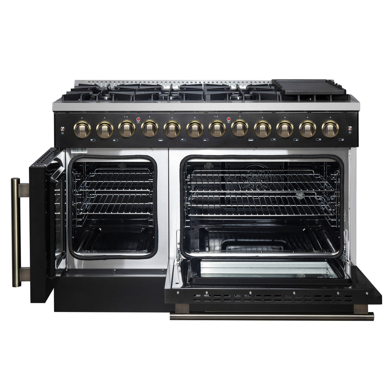 Load image into Gallery viewer, Forno Galiano 48-inch French Door Dual Fuel Range, Black &amp; Antique Brass Design, 8 Sealed Burners - 107,000 BTU, Griddle, 6.58 cu.ft. Double Ovens
