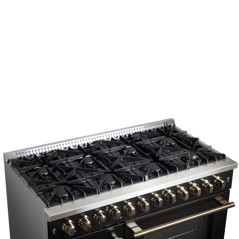 Load image into Gallery viewer, Forno Galiano 48-inch French Door Dual Fuel Range, Black &amp; Antique Brass Design, 8 Sealed Burners - 107,000 BTU, Griddle, 6.58 cu.ft. Double Ovens
