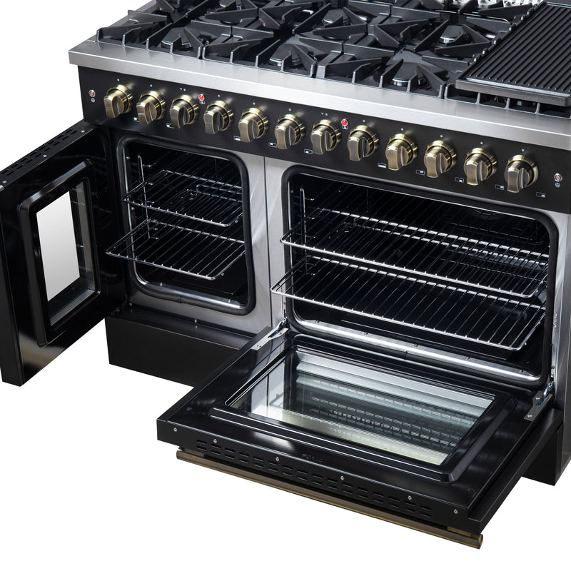 Load image into Gallery viewer, Forno Galiano 48-inch French Door Dual Fuel Range, Black &amp; Antique Brass Design, 8 Sealed Burners - 107,000 BTU, Griddle, 6.58 cu.ft. Double Ovens
