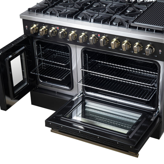 Forno Galiano 48-inch French Door Dual Fuel Range, Black & Antique Brass Design, 8 Sealed Burners - 107,000 BTU, Griddle, 6.58 cu.ft. Double Ovens