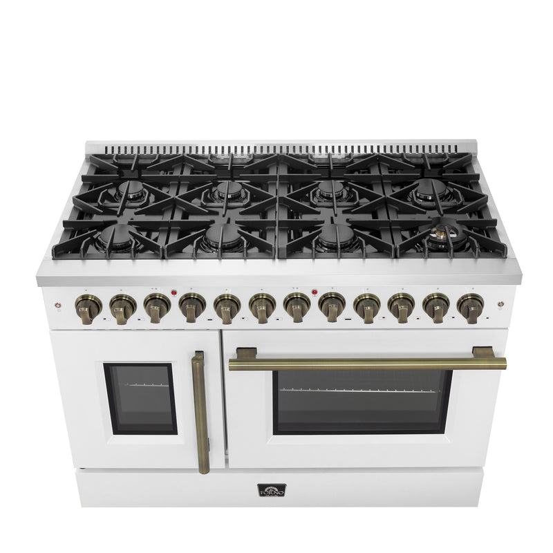 Load image into Gallery viewer, Forno Galiano 48-inch French Door Dual Fuel Range, White &amp; Antique Brass Design, 8 Sealed Burners - 107,000 BTU, Griddle, 6.58 cu.ft. Double Ovens
