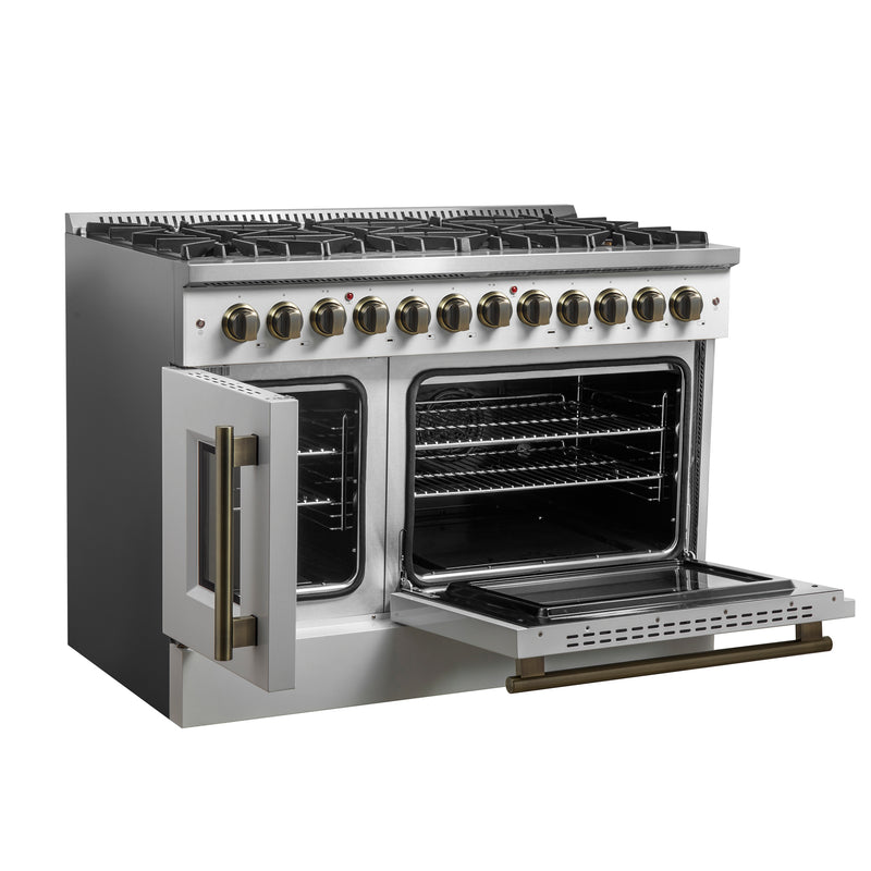 Load image into Gallery viewer, Forno Galiano 48-inch French Door Dual Fuel Range, White &amp; Antique Brass Design, 8 Sealed Burners - 107,000 BTU, Griddle, 6.58 cu.ft. Double Ovens
