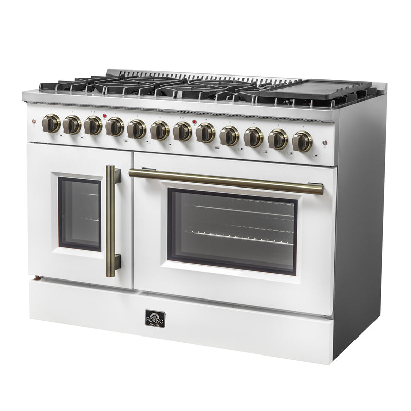 Load image into Gallery viewer, Forno Galiano 48-inch French Door Dual Fuel Range, White &amp; Antique Brass Design, 8 Sealed Burners - 107,000 BTU, Griddle, 6.58 cu.ft. Double Ovens

