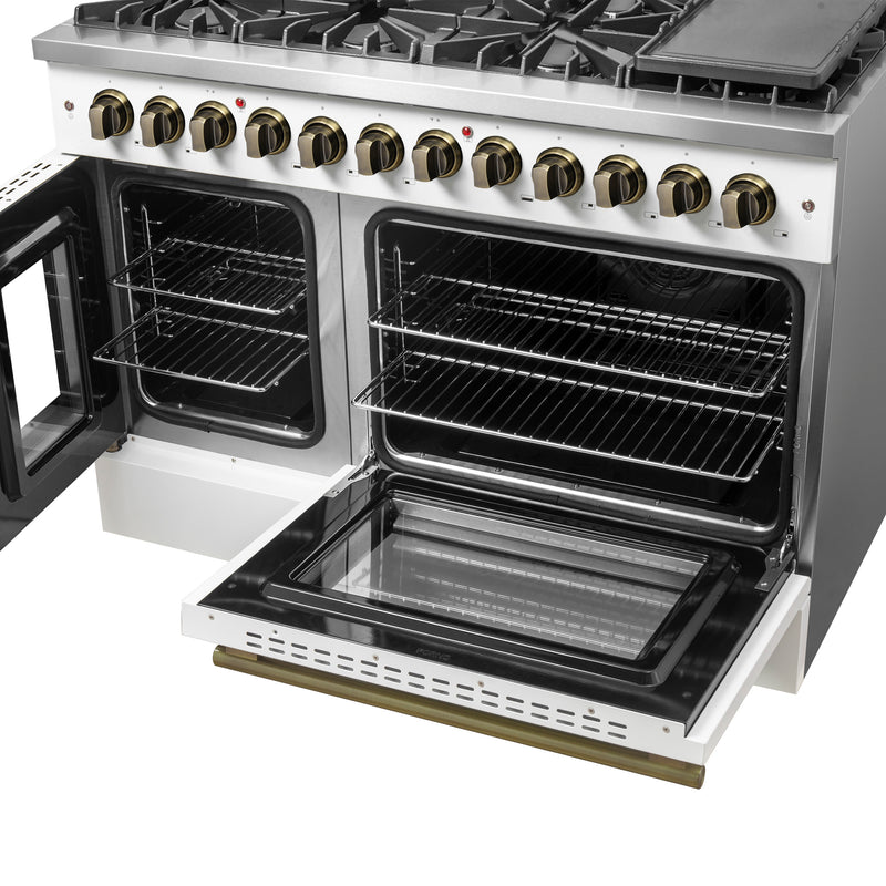 Load image into Gallery viewer, Forno Galiano 48-inch French Door Dual Fuel Range, White &amp; Antique Brass Design, 8 Sealed Burners - 107,000 BTU, Griddle, 6.58 cu.ft. Double Ovens
