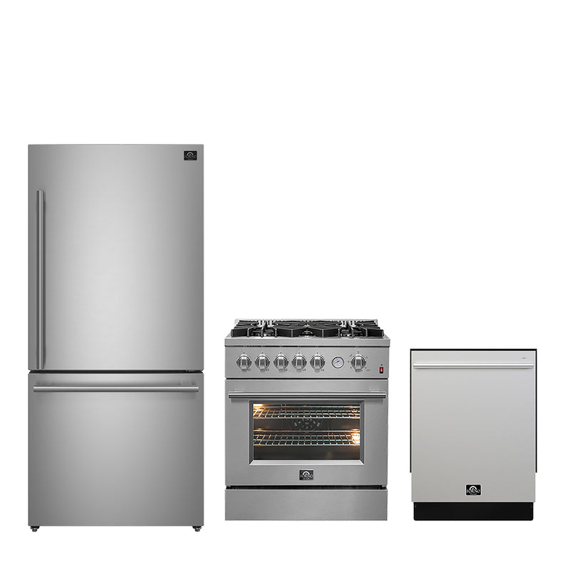 Load image into Gallery viewer, Forno Premium 3-Piece Kitchen Bundle - 30" Gas Range, Bottom Freezer Refrigerator, Built-In Dishwasher, Stainless Steel - FBDL-012-01CAUS
