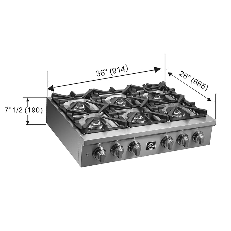 Load image into Gallery viewer, Forno Spezia Alta Qualita 36-Inch Pro-Style Gas Rangetop, Stainless Steel, 6 Sealed Burners, Continuous Cast Iron Grates, High Heat Output
