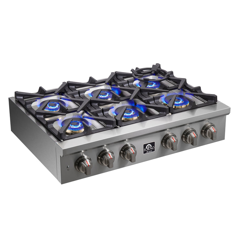 Load image into Gallery viewer, Forno Spezia Alta Qualita 36-Inch Pro-Style Gas Rangetop, Stainless Steel, 6 Sealed Burners, Continuous Cast Iron Grates, High Heat Output
