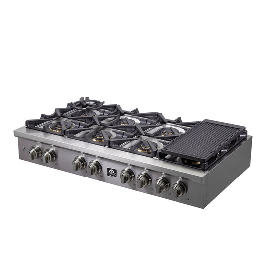 Forno Spezia Alta Qualita 48-Inch Pro-Style Gas Rangetop, Stainless Steel, 6 Sealed Burners, Continuous Cast Iron Grates, High Heat Output