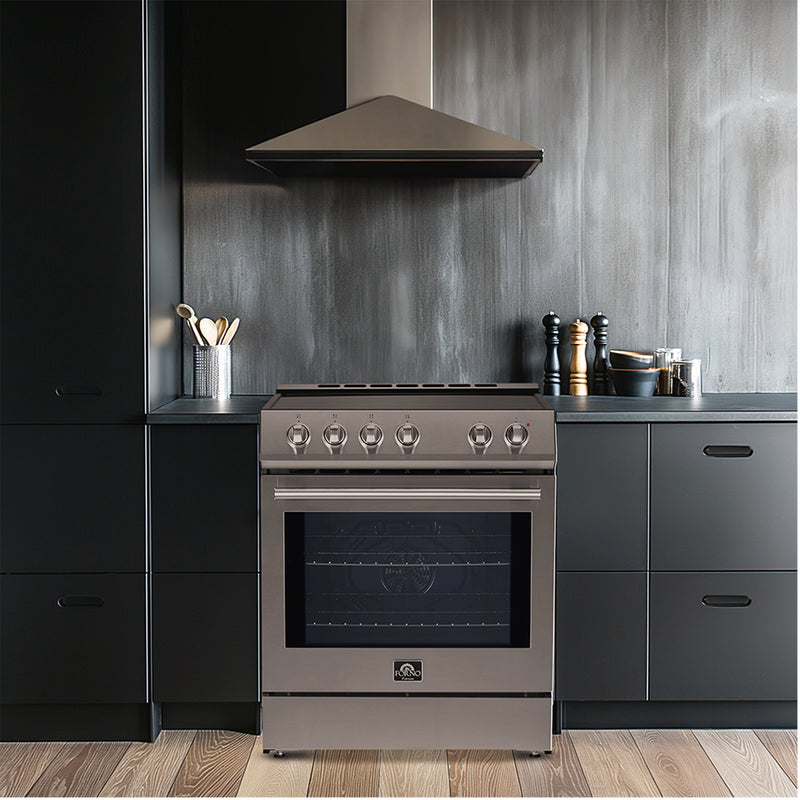 Load image into Gallery viewer, Forno Premium 4-Piece Kitchen Bundle - 30" Electric Range, 30" Range Hood, 31" French Door Refrigerator, 24" Built-In Dishwasher, Stainless Steel - FBDL-010-01US
