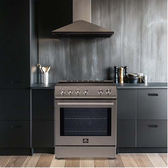 Forno Premium 4-Piece Kitchen Bundle - 30" Electric Range, 30" Range Hood, 31" French Door Refrigerator, 24" Built-In Dishwasher, Stainless Steel - FBDL-010-01US
