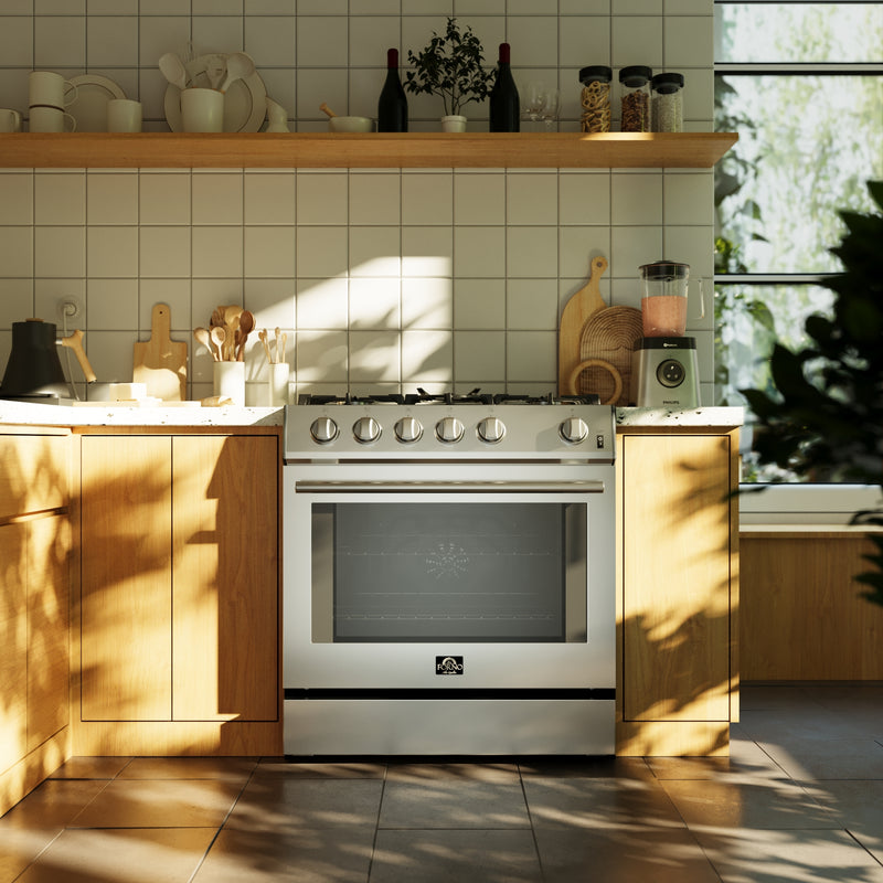Load image into Gallery viewer, Forno Leonardo 30-Inch Stainless Steel Gas Range, 5 Sealed Burners (Totaling 39,500 BTU), 5 cu.ft. Convection Oven, Continuous Cast Iron Grates, Black Enamel Interior, Auto Re-Ignition, LP Conversion Kit Included

