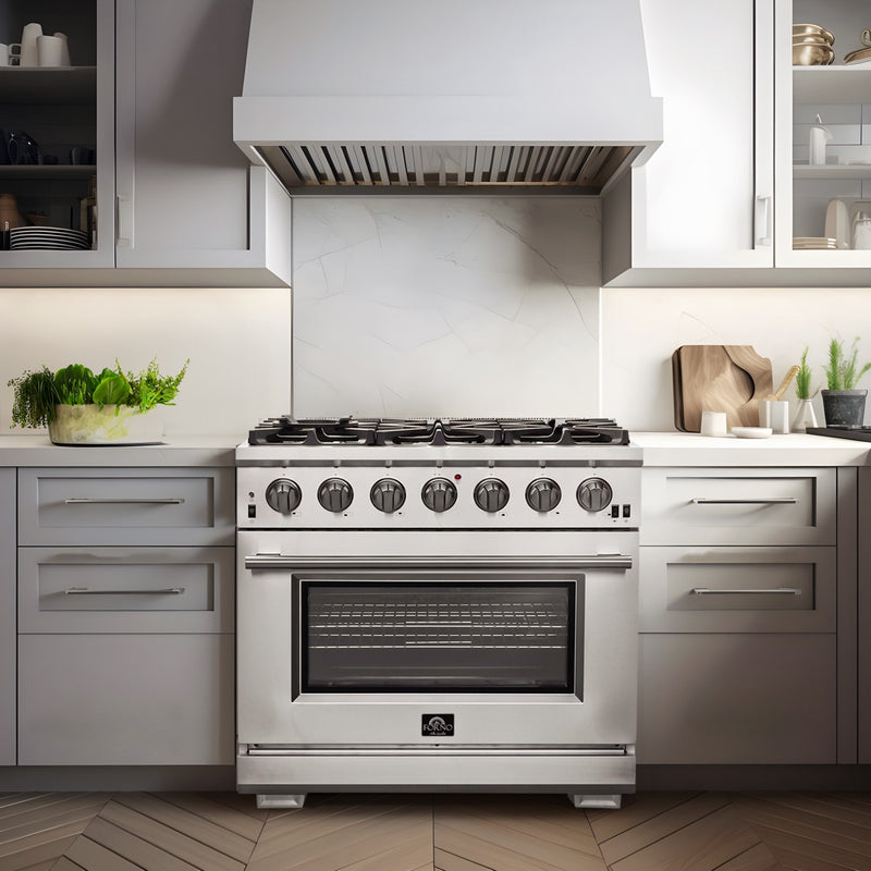 Load image into Gallery viewer, Forno Capriasca 36-Inch Gas Range, Stainless Steel, 6 Brass Burners, 120,000 BTU, Convection Oven, Energy Efficient
