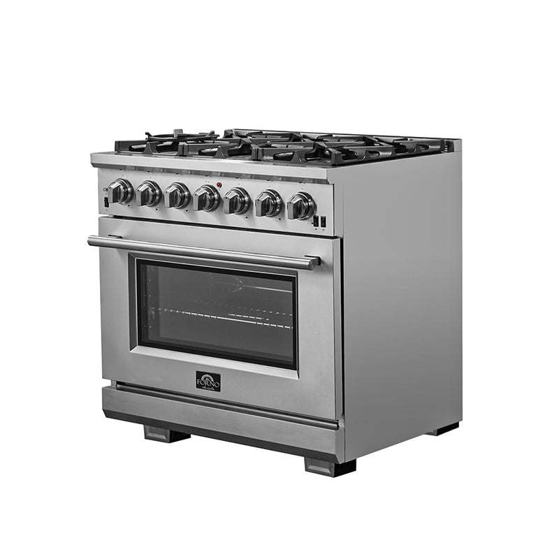 Load image into Gallery viewer, Forno Capriasca 36-Inch Gas Range, Stainless Steel, 6 Brass Burners, 120,000 BTU, Convection Oven, Energy Efficient
