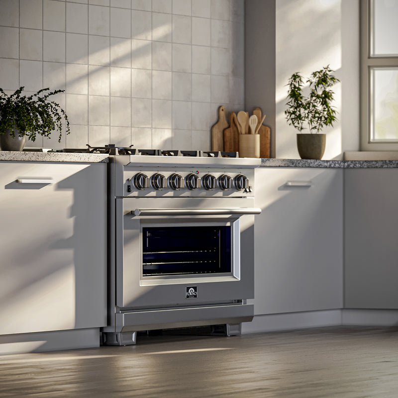 Load image into Gallery viewer, Forno Capriasca 36-Inch Gas Range, Stainless Steel, 6 Brass Burners, 120,000 BTU, Convection Oven, Energy Efficient
