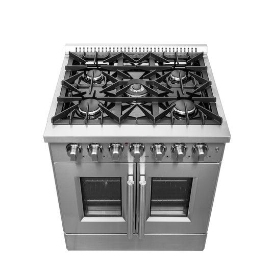 Forno Galiano 30-inch French Door Dual Fuel Range All Stainless Steel, 5 Sealed Burners 68,000 BTU, 4.32 cu.ft. True Convection Oven