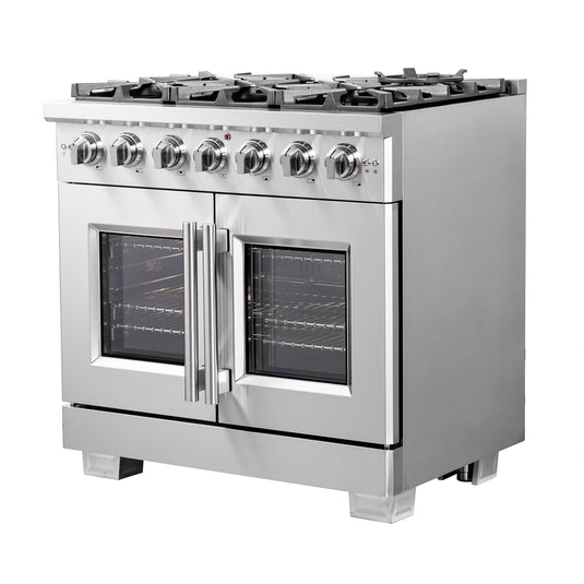 Forno Capriasca 36-Inch Freestanding French Door Gas Range, 6 Burners, Convection Oven, Energy Efficient