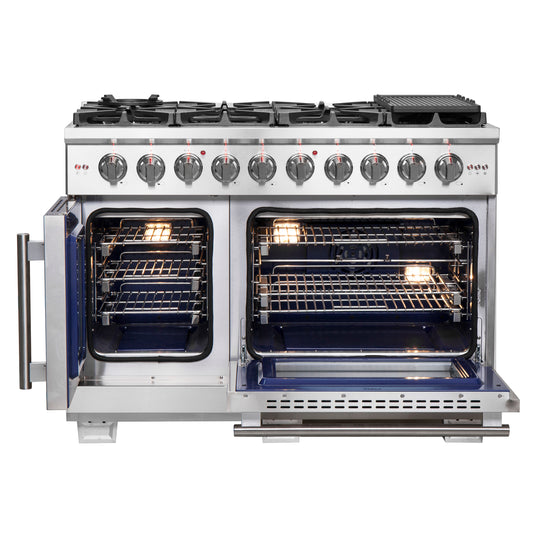 Forno Capriasca 48-Inch Freestanding French Door Gas Range, 8 Burners, Convection Oven, Energy Efficient