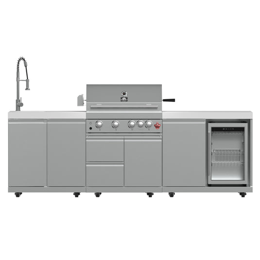 Forno Bulnes 30-Inch, Stainless Steel Outdoor Kitchen BBQ, 60,000 BTU, 3 Burners with Sear & Rotisserie Infrared Burners with Beverage Center & White Sintered Stone Countertops - FODKT2506WHT