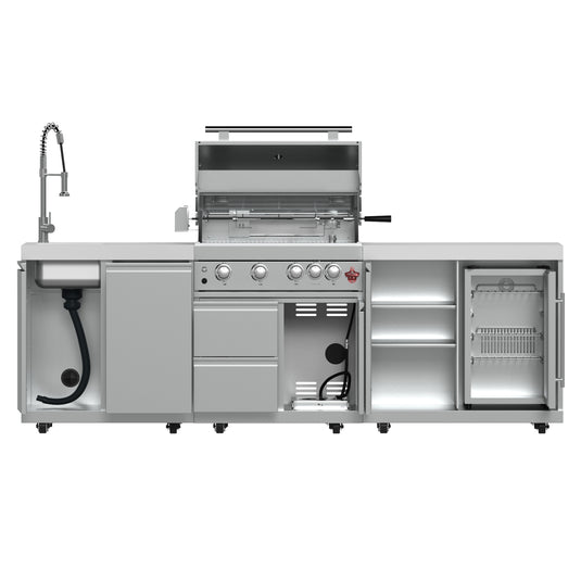 Forno Bulnes 30-Inch, Stainless Steel Outdoor Kitchen BBQ, 60,000 BTU, 3 Burners with Sear & Rotisserie Infrared Burners with Beverage Center & White Sintered Stone Countertops - FODKT2506WHT