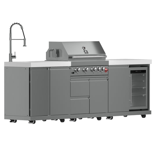 Forno Bulnes 30-Inch, Stainless Steel Outdoor Kitchen BBQ, 60,000 BTU, 3 Burners with Sear & Rotisserie Infrared Burners with Beverage Center & White Sintered Stone Countertops - FODKT2506WHT