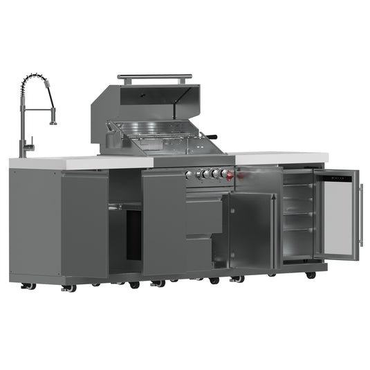 Forno Bulnes 30-Inch, Stainless Steel Outdoor Kitchen BBQ, 60,000 BTU, 3 Burners with Sear & Rotisserie Infrared Burners with Beverage Center & White Sintered Stone Countertops - FODKT2506WHT