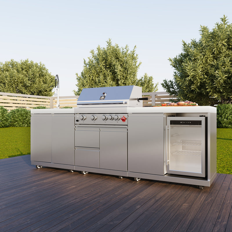 Load image into Gallery viewer, Forno Bulnes 30-Inch, Stainless Steel Outdoor Kitchen BBQ, 60,000 BTU, 3 Burners with Sear &amp; Rotisserie Infrared Burners with Beverage Center &amp; White Sintered Stone Countertops - FODKT2506WHT

