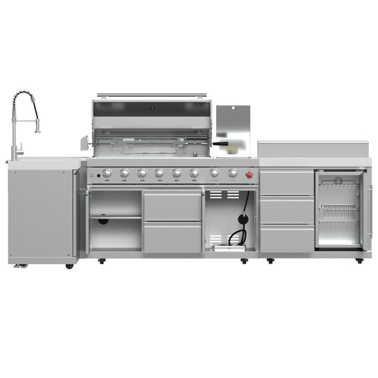 Forno Bulnes 40-Inch, Stainless Steel BBQ with 5 Burners, Sear & Rotisserie Infrared with Side Burner, Beverage Center & White Sintered Stone Countertops - FODKT2520WHT