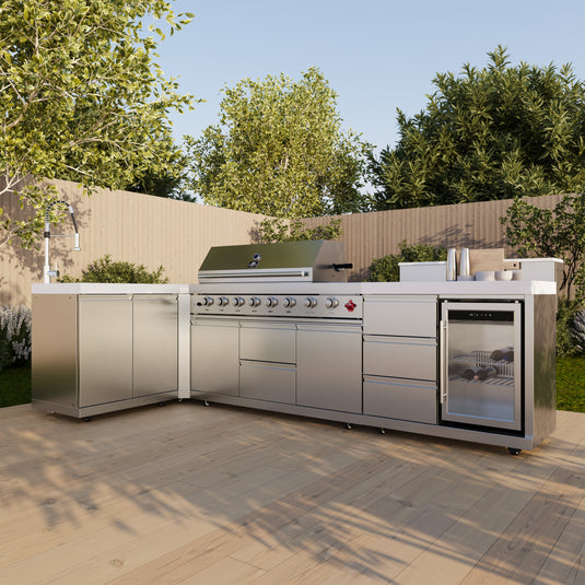 Forno Bulnes 40-Inch, Stainless Steel BBQ with 5 Burners, Sear & Rotisserie Infrared with Side Burner, Beverage Center & White Sintered Stone Countertops - FODKT2520WHT