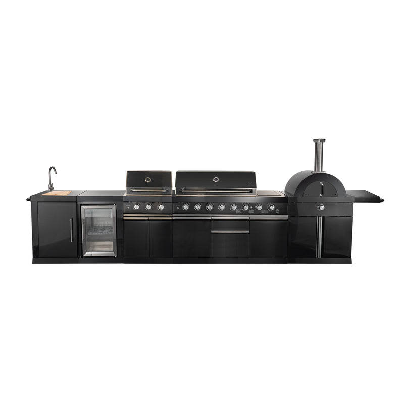 Load image into Gallery viewer, Forno All’Aperto 99,600 BTU Outdoor Kitchen, 5 Burners, Infrared Burners, Side Burner, Black Sintered Stone Countertops, Gas Pizza Oven, Sink Module, Bar &amp; Beverage Center
