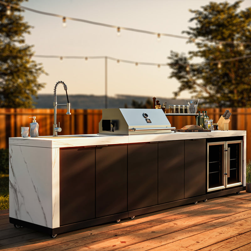 Load image into Gallery viewer, Forno Rimini Outdoor Kitchen: 30&quot; BBQ 62,600 BTU, 4.8 cu.ft. Refrigerators, White Countertops
