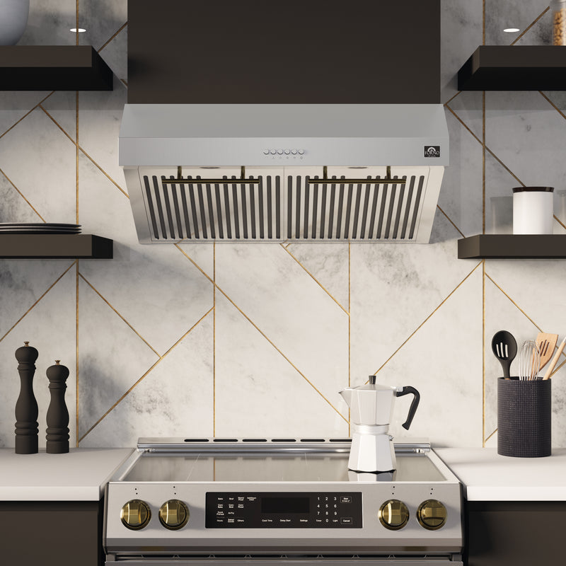 Load image into Gallery viewer, FORNO Premium 3-Piece Kitchen Bundle - Leonardo Espresso 30&quot; Stainless Steel Range, 31&quot; Stainless Steel Bottom Freezer Refrigerator, 30&quot; Stainless Steel Under Cabinet Range Hood - FBDL-001-01US
