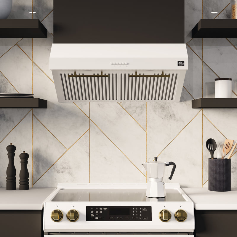 Load image into Gallery viewer, FORNO Premium 4-Piece Kitchen Bundle - Leonardo Espresso 30&quot; White Range, 30&quot; White Range Hood, 31&quot; White Bottom Freezer Refrigerator, 24&quot; White Built-In Dishwasher - FBDL-006-03US
