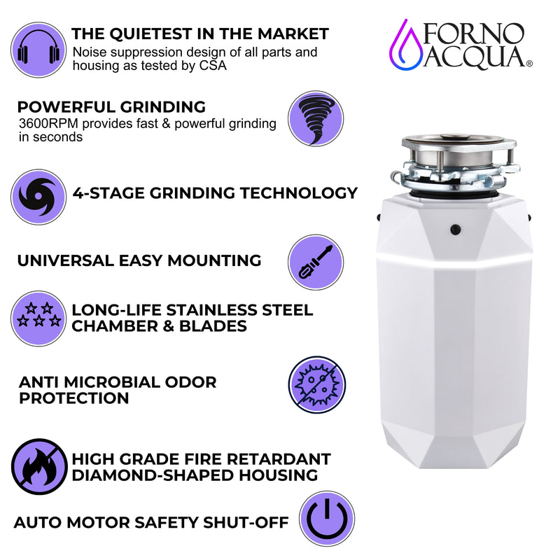 Load image into Gallery viewer, FORNO ACQUA BrightDIAMOND Moonstone 3/4HP Super Quiet Garbage Disposal Corded with Motion Sensor Cabinet Light &amp; Pre-Wired Air Switch
