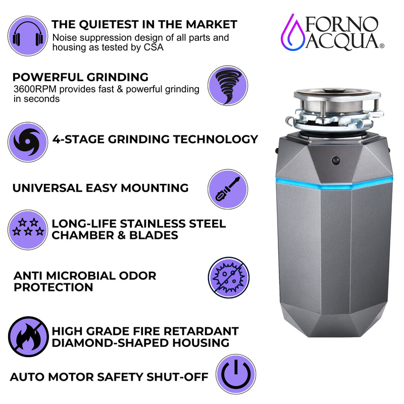 Load image into Gallery viewer, FORNO ACQUA BrightDIAMOND Black Onyx 3/4HP Super Quiet Garbage Disposal Corded with Motion Sensor Cabinet Light &amp; Pre-Wired Air Switch
