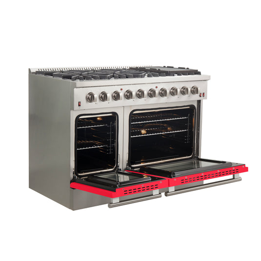 Forno Galiano 48-Inch, Red Freestanding Gas Range with 8 Burners and Double Ovens & Griddle - FFSGS6244-48RED