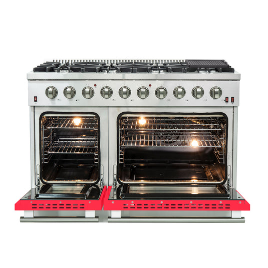 Forno Galiano 48-Inch, Red Freestanding Gas Range with 8 Burners and Double Ovens & Griddle - FFSGS6244-48RED