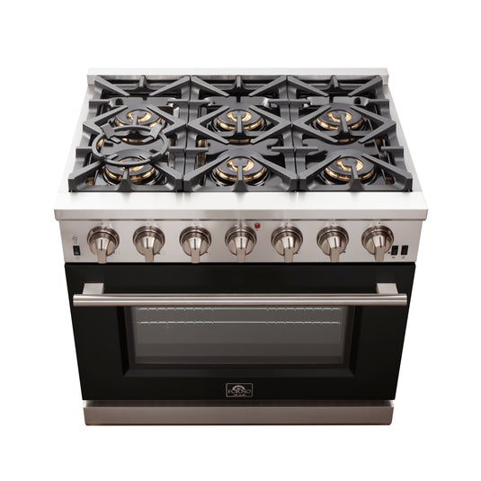 Forno Capriasca 36-Inch, Black Gas Range with 6 Brass Burners - FFSGS6260-36BLK