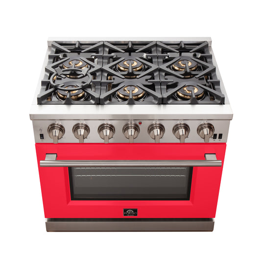 Forno Capriasca 36-Inch, Red Gas Range with 6 Brass Burners - FFSGS6260-36RED