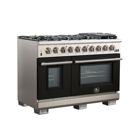 Forno Capriasca 48-inch, Black Gas Range Stainless Steel with 8 Brass Burners and Double Ovens - FFSGS6260-48BLK