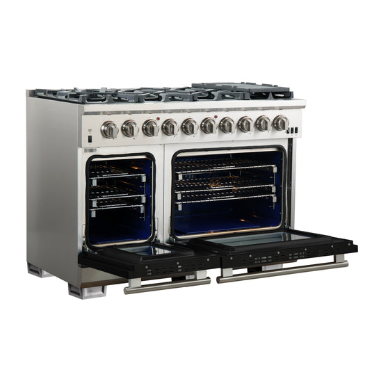 Forno Capriasca 48-inch, Black Gas Range Stainless Steel with 8 Brass Burners and Double Ovens - FFSGS6260-48BLK