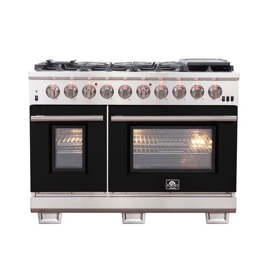 Forno Capriasca 48-inch, Black Gas Range Stainless Steel with 8 Brass Burners and Double Ovens - FFSGS6260-48BLK