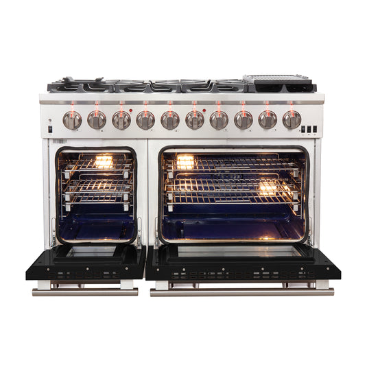 Forno Capriasca 48-inch, Black Gas Range Stainless Steel with 8 Brass Burners and Double Ovens - FFSGS6260-48BLK
