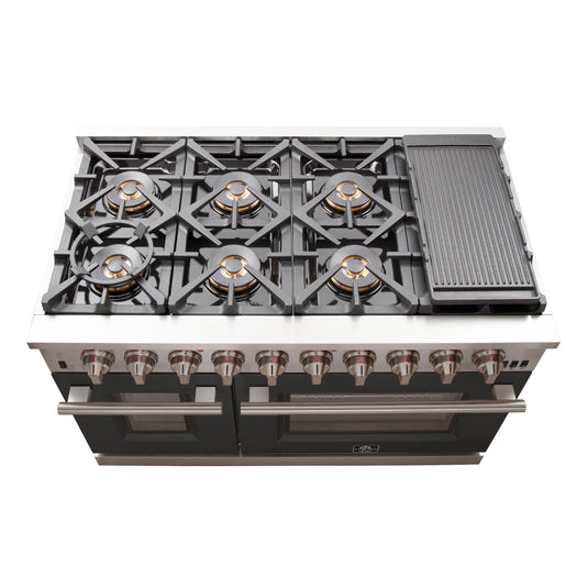 Forno Capriasca 48-inch, Black Gas Range Stainless Steel with 8 Brass Burners and Double Ovens - FFSGS6260-48BLK