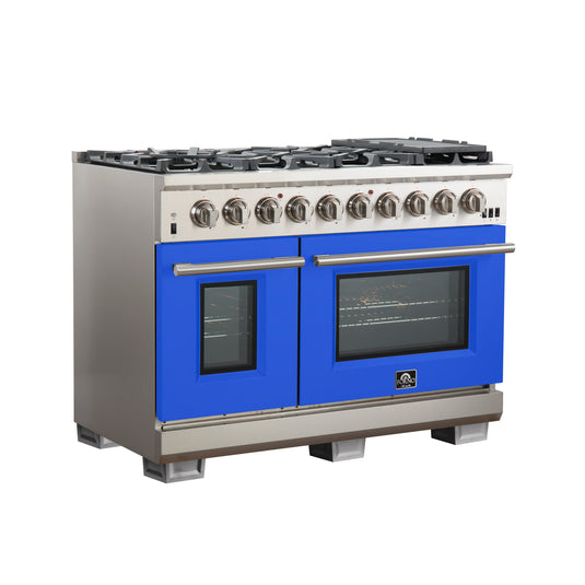 Forno Capriasca 48-inch, Blue Gas Range with 8 Brass Burners and Double Ovens - FFSGS6260-48BLU