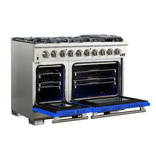Forno Capriasca 48-inch, Blue Gas Range with 8 Brass Burners and Double Ovens - FFSGS6260-48BLU