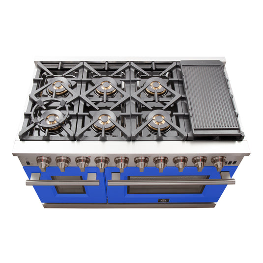 Forno Capriasca 48-inch, Blue Gas Range with 8 Brass Burners and Double Ovens - FFSGS6260-48BLU