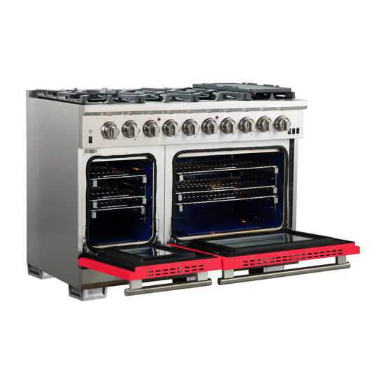 Forno Capriasca 48-inch, Red Gas Range with 8 Brass Burners and Double Ovens - FFSGS6260-48RED