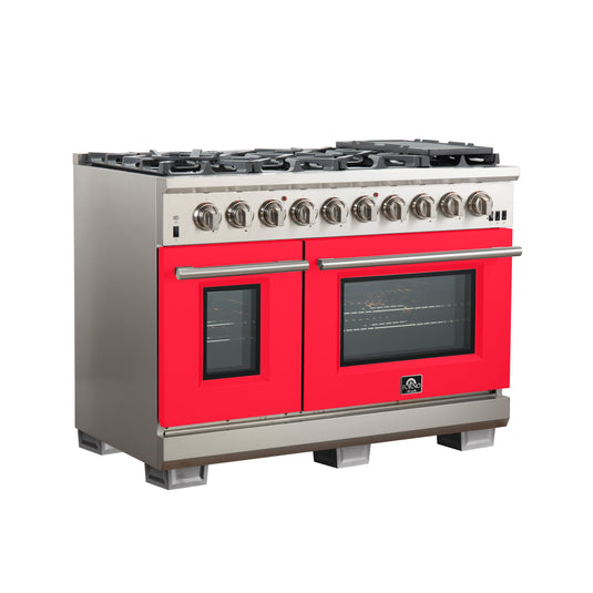 Forno Capriasca 48-inch, Red Gas Range with 8 Brass Burners and Double Ovens - FFSGS6260-48RED
