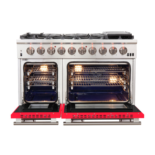Forno Capriasca 48-inch, Red Gas Range with 8 Brass Burners and Double Ovens - FFSGS6260-48RED